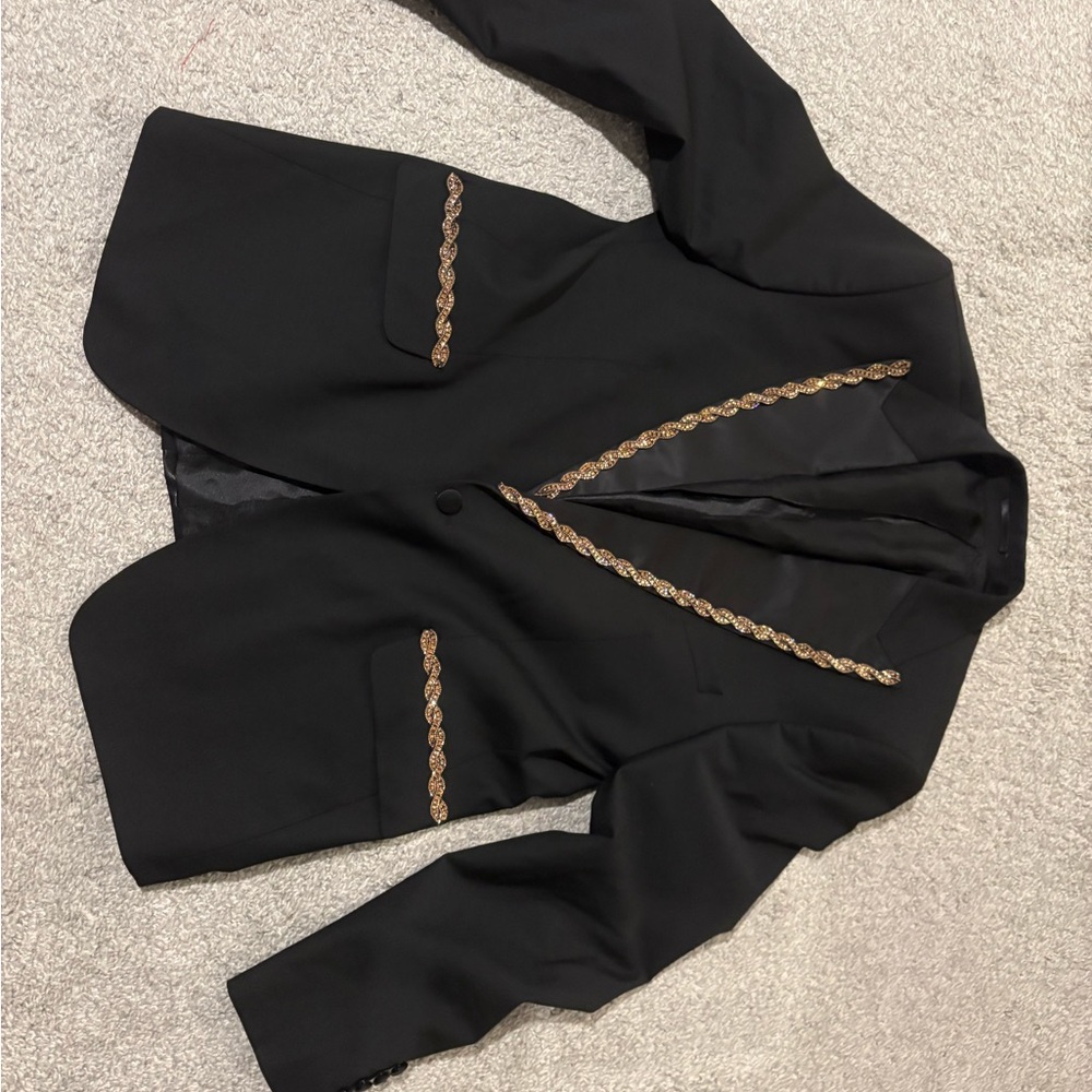 Elegant Black Pants & Jacket with Gold Trim - Picture 2 of 3